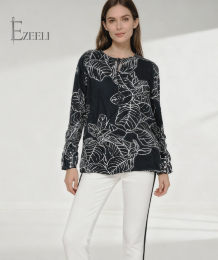 Women's Navy Blue Leaf Print Ready to Wear Shirt