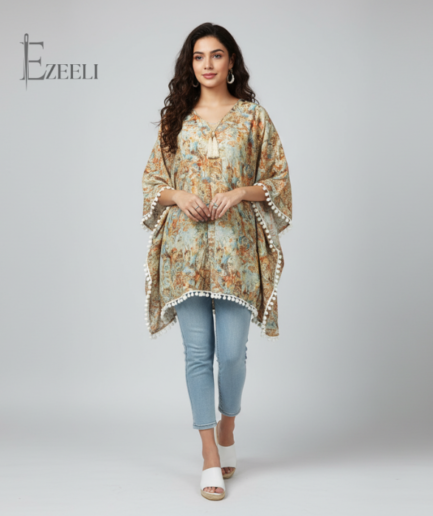 Women's Beige Printed Kaftan Style Ready to Wear Top