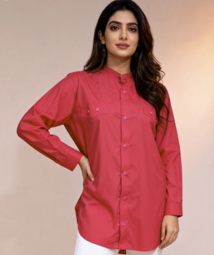 Women’s Red Button-Down Shirt | Ezeeli Casual Mandarin Collar Top