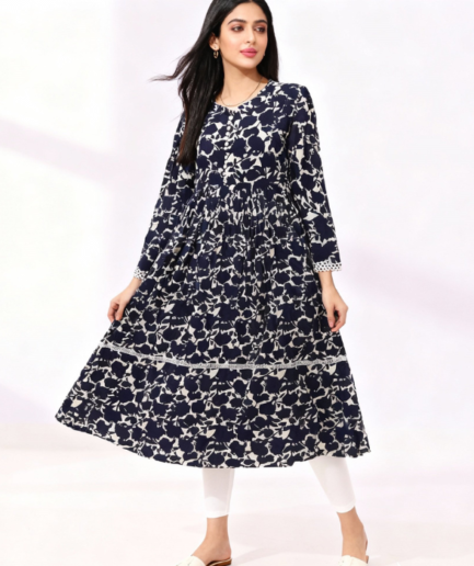 Women’s Navy Blue Printed Long Frock