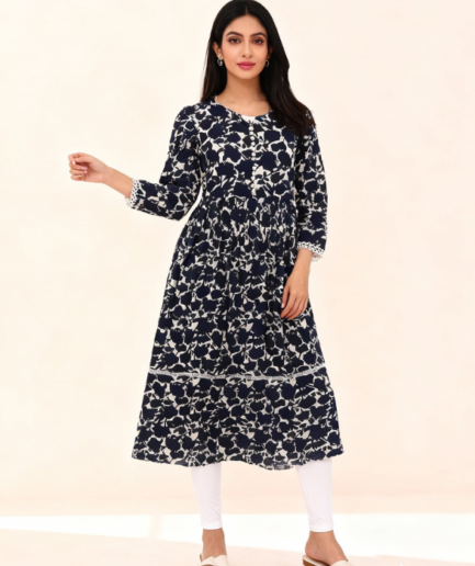 Women’s Navy Blue Printed Long Frock