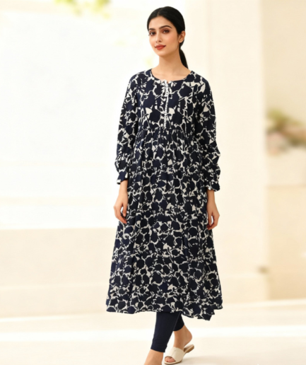 Women’s Navy Blue Printed Ready-to-Wear Long Frock